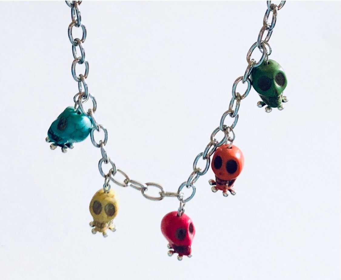 Multi Colored Skulls Dangle Necklace, Rainbow Sugar Skulls Silver Chain, Day of the Dead, Goth