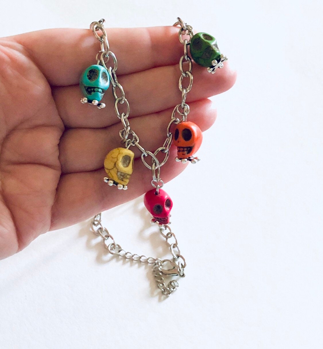 Multi Colored Skulls Dangle Necklace, Rainbow Sugar Skulls Silver Chain, Day of the Dead, Goth