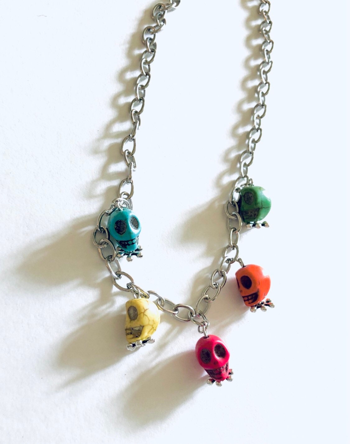 Multi Colored Skulls Dangle Necklace, Rainbow Sugar Skulls Silver Chain, Day of the Dead, Goth