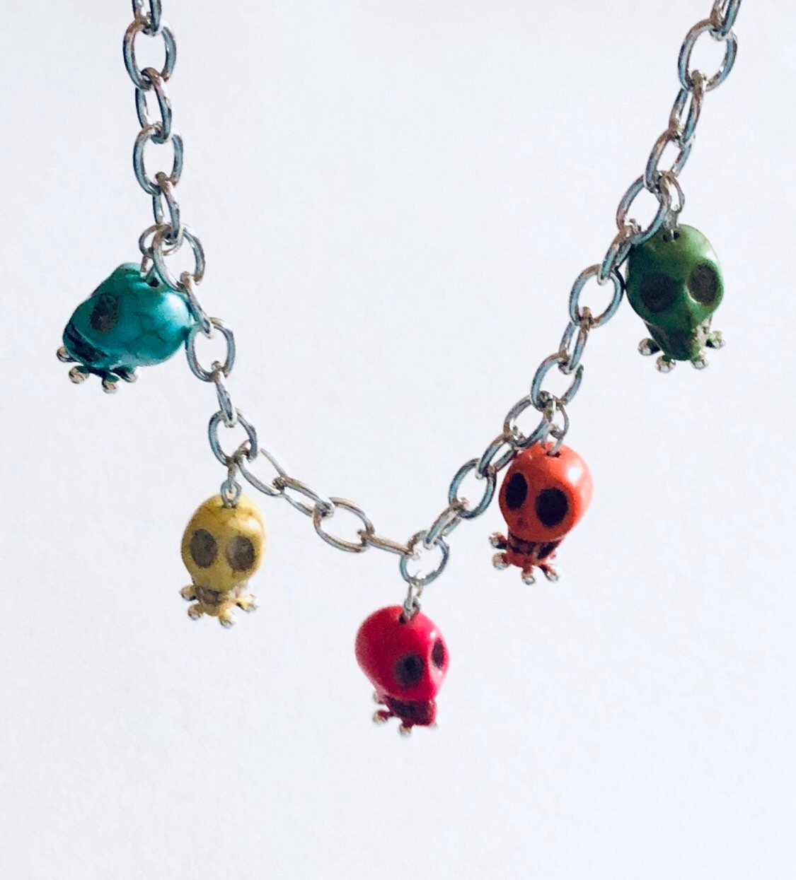 Multi Colored Skulls Dangle Necklace, Rainbow Sugar Skulls Silver Chain, Day of the Dead, Goth