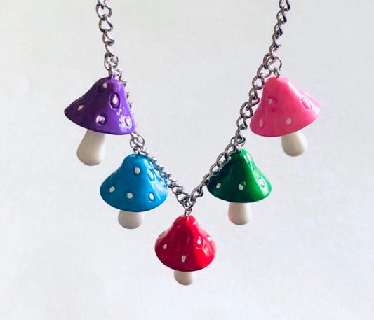 Woodlands Mushroom Necklace, Rainbow Mushrooms Cottagecore Aesthetic Charm Necklace