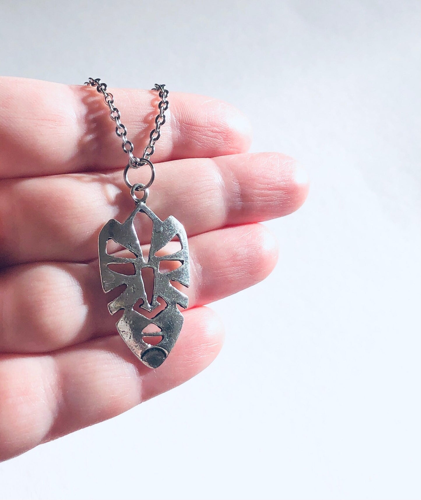 Mask Necklace, Silver African Mask Necklace, Leaf Necklace, Boho Nature