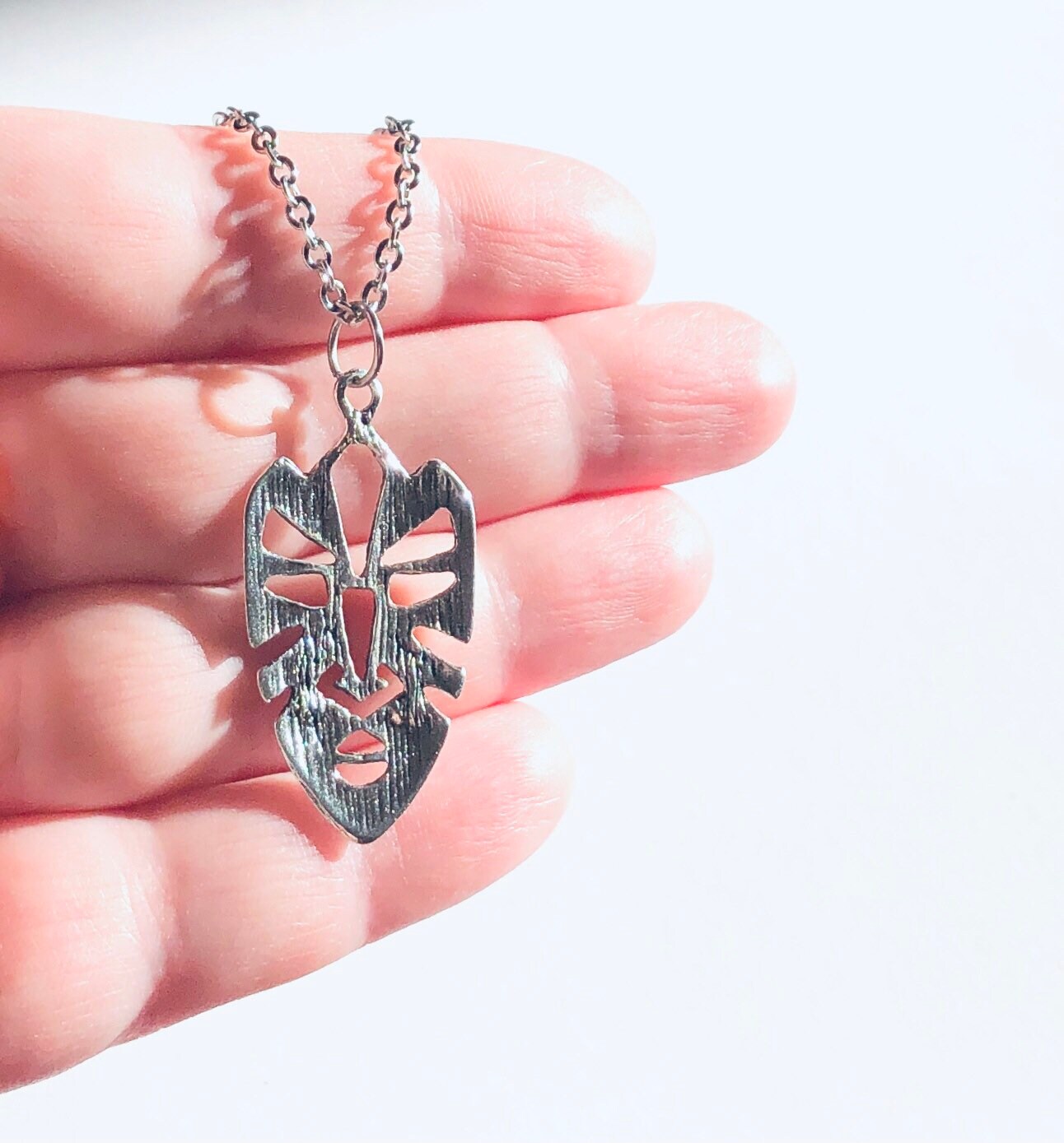 Mask Necklace, Silver African Mask Necklace, Leaf Necklace, Boho Nature