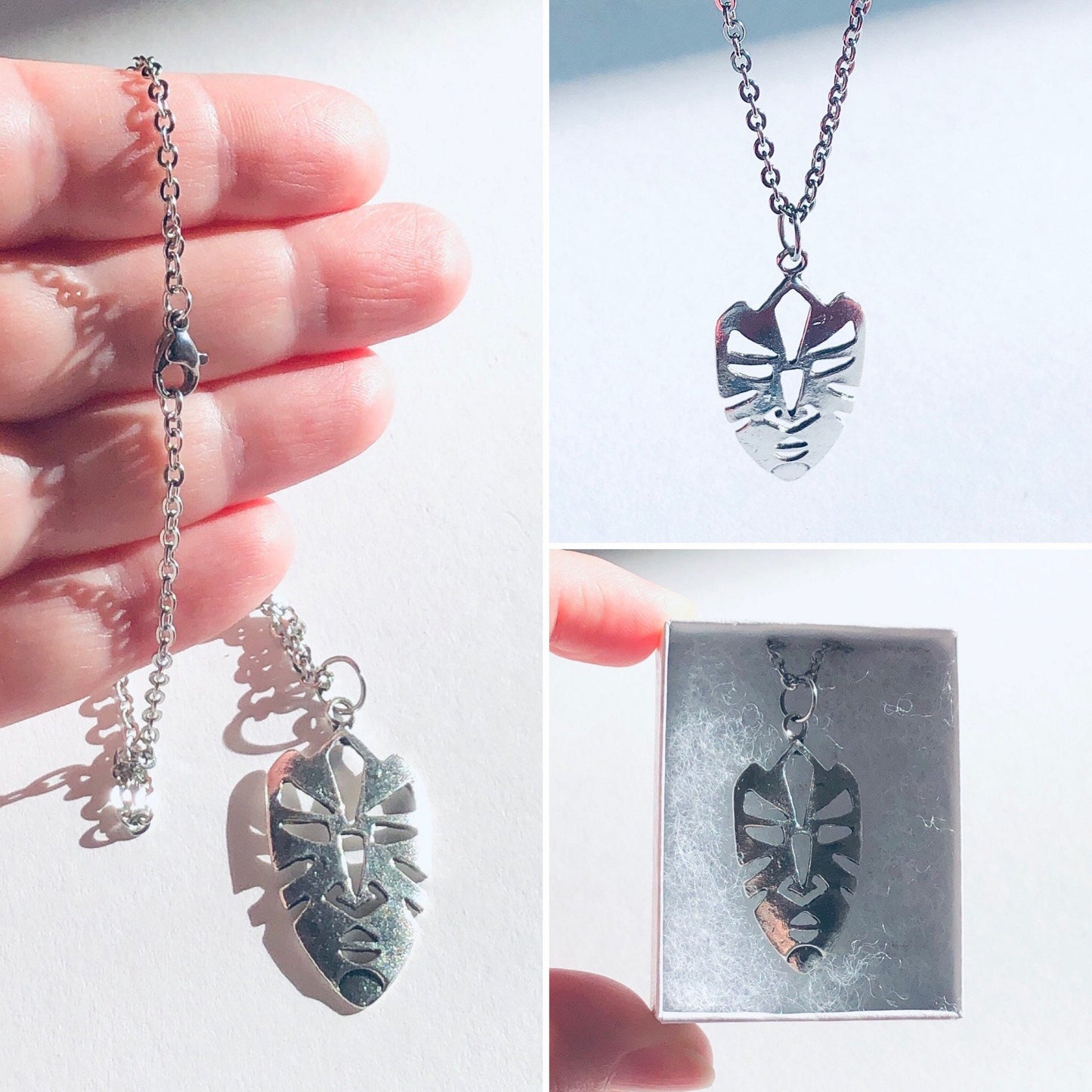 Mask Necklace, Silver African Mask Necklace, Leaf Necklace, Boho Nature