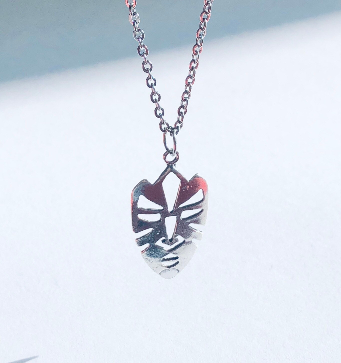 Mask Necklace, Silver African Mask Necklace, Leaf Necklace, Boho Nature