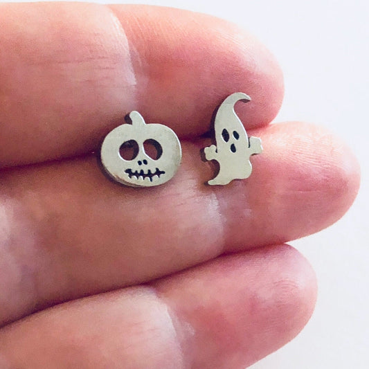 Pumpkin & Ghost Stud Earrings, Stainless Steel, Silver Halloween Earrings Unisex, Pumpkin Earrings, Ghost Earrings, Pumpkin And Ghost Studs