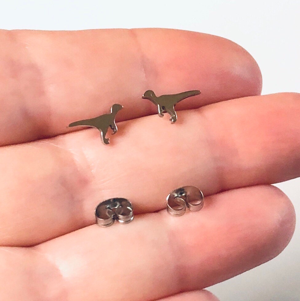 Dinosaur Earrings, Silver T-Rex Stud Earrings, Unisex Jurassic Dinosaurs Earrings Stainless Steel Trex Studs Post