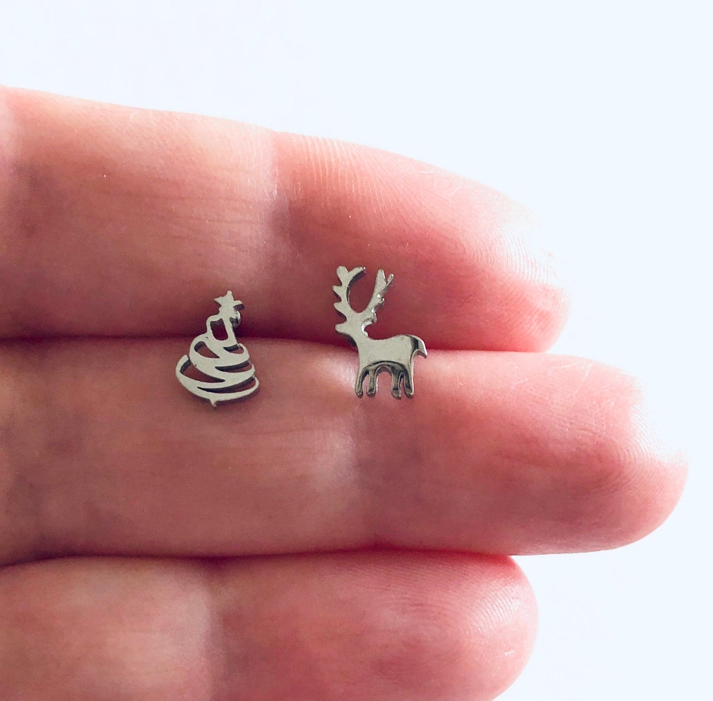 Christmas Tree & Reindeer Stud Earrings, Woodlands Deer and Tree Suds, Silver Xmas Holidays Jewelry Stainless Steel