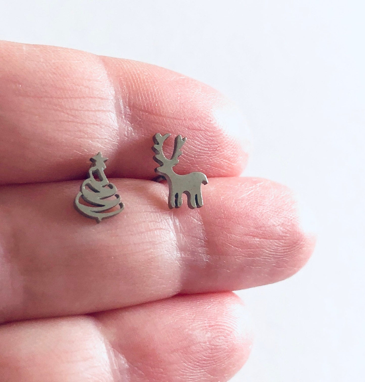 Christmas Tree & Reindeer Stud Earrings, Woodlands Deer and Tree Suds, Silver Xmas Holidays Jewelry Stainless Steel