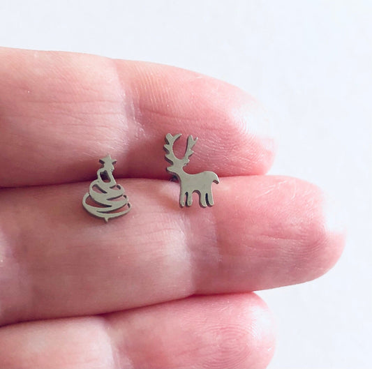 Christmas Tree & Reindeer Stud Earrings, Woodlands Deer and Tree Suds, Silver Xmas Holidays Jewelry Stainless Steel