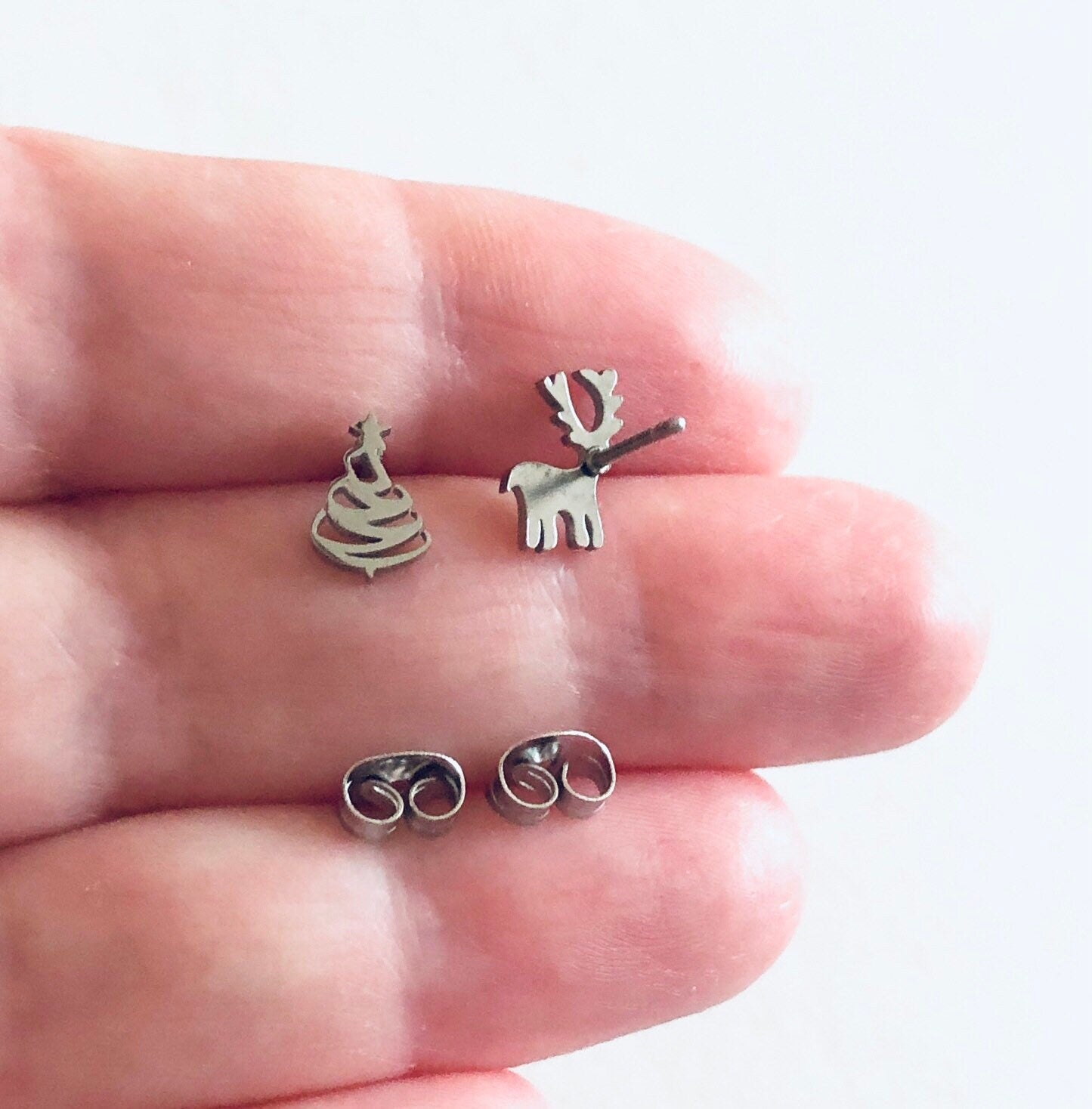 Christmas Tree & Reindeer Stud Earrings, Woodlands Deer and Tree Suds, Silver Xmas Holidays Jewelry Stainless Steel