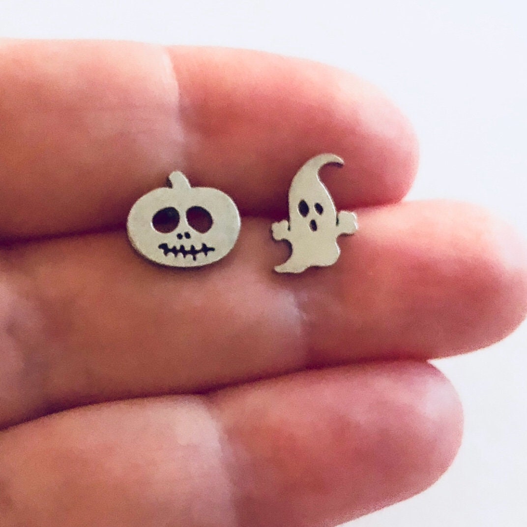 Pumpkin & Ghost Stud Earrings, Stainless Steel, Silver Halloween Earrings Unisex, Pumpkin Earrings, Ghost Earrings, Pumpkin And Ghost Studs