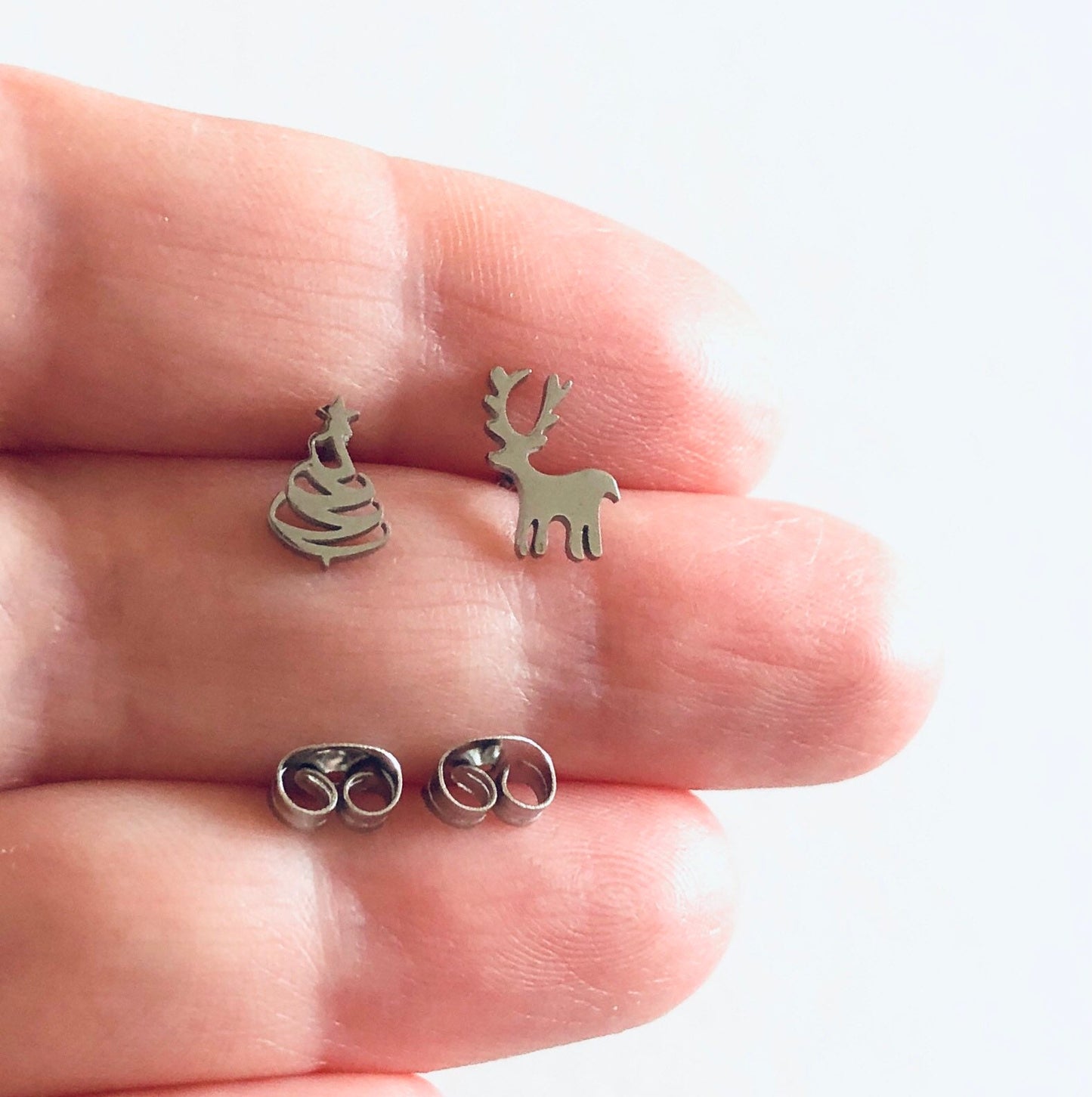 Christmas Tree & Reindeer Stud Earrings, Woodlands Deer and Tree Suds, Silver Xmas Holidays Jewelry Stainless Steel