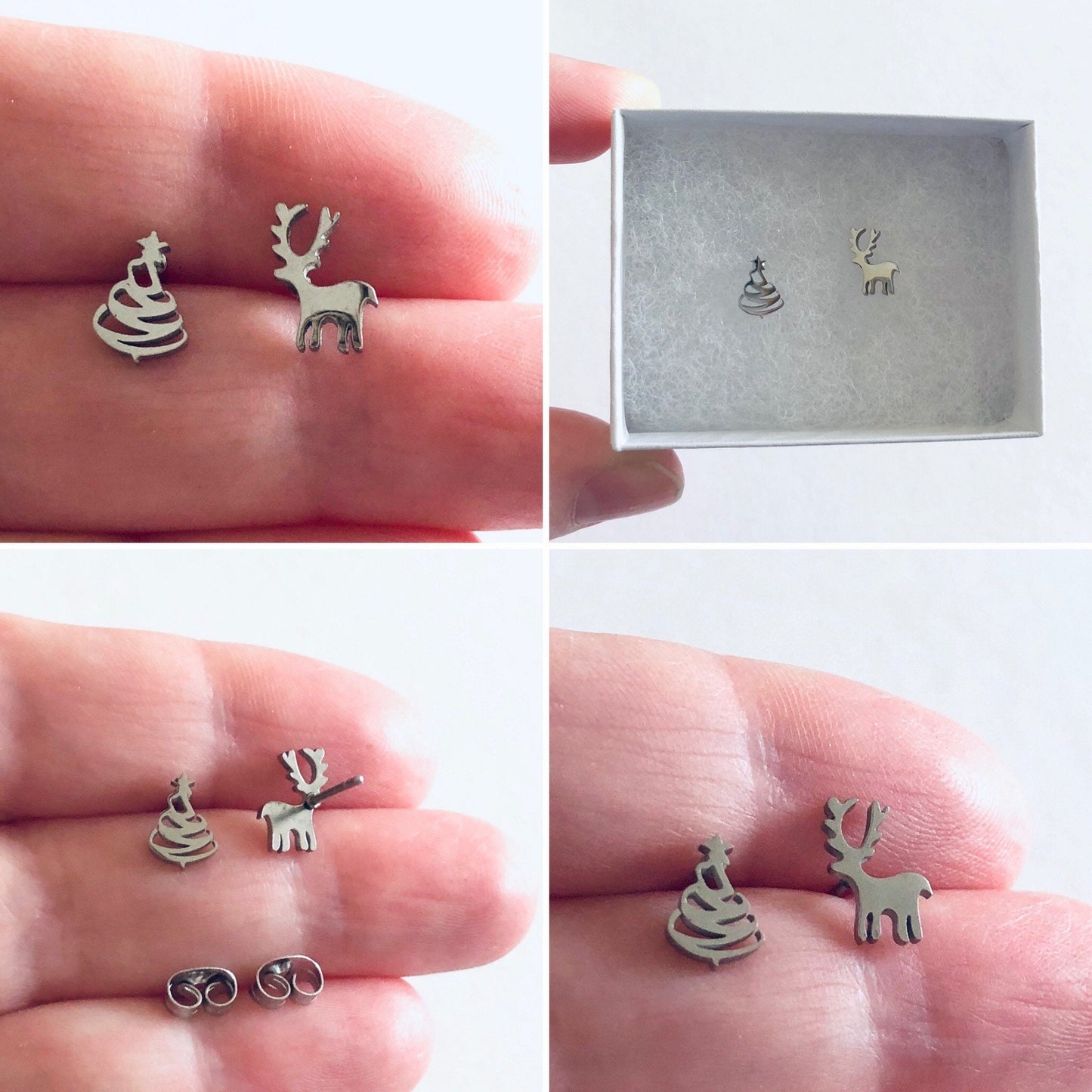 Christmas Tree & Reindeer Stud Earrings, Woodlands Deer and Tree Suds, Silver Xmas Holidays Jewelry Stainless Steel