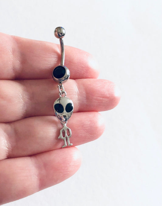 Silver Alien Belly Ring, Aliens Belly Button Ring, Stainless Steel Navel Piercing, Mall Goth Gothic Dangle Belly Charm Outer Space Planets