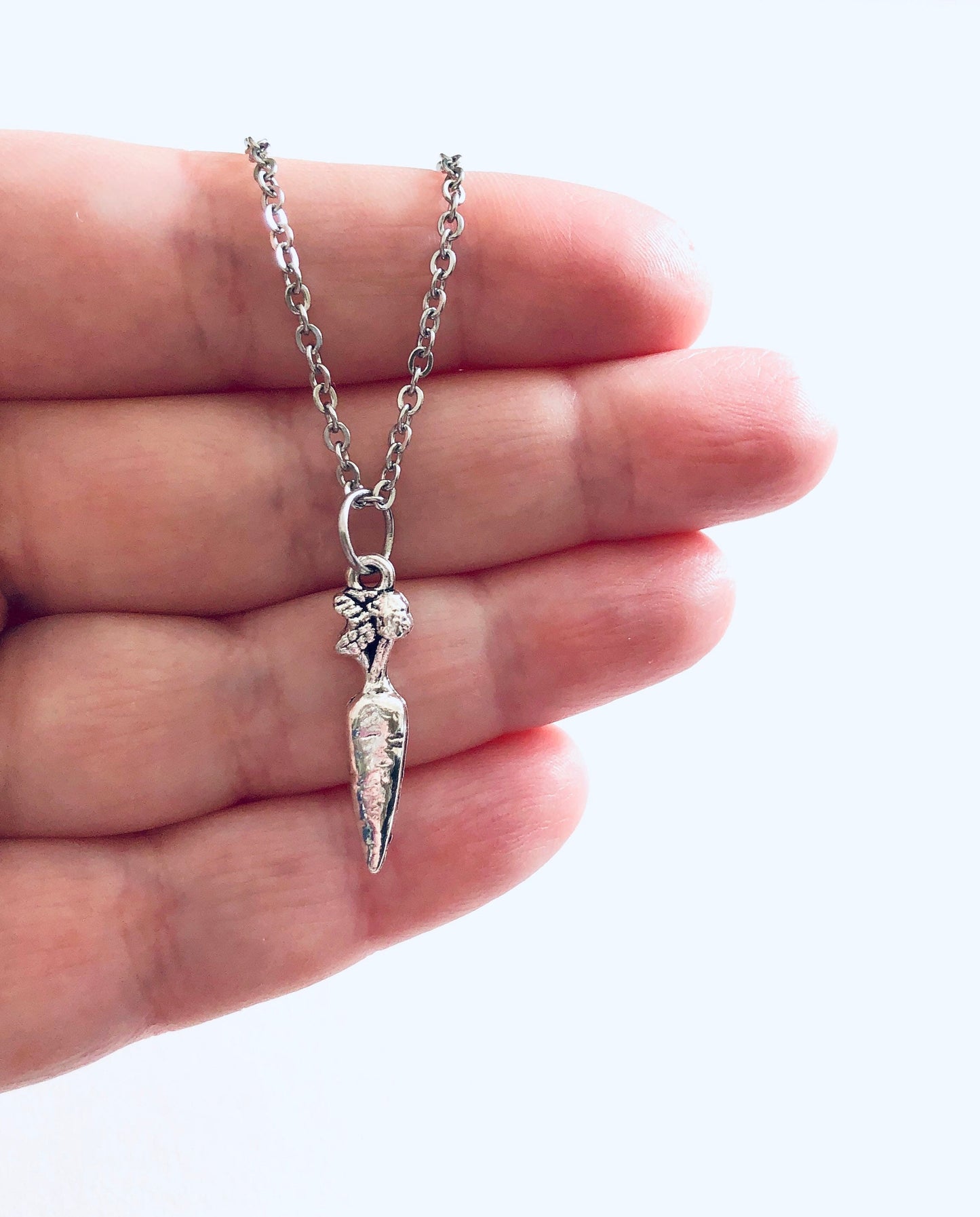 Vegetarian Carrot Necklace, Vegan Vegetable Bunny Rabbit Fave Food, Vegetarian Silver Easter Spring Time Carrot Pendant, Stainless Steel Chain