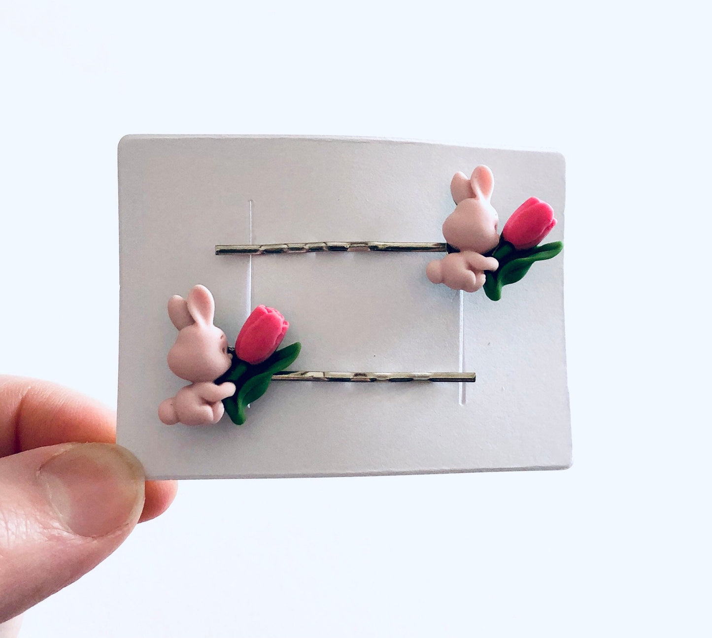 Pink Bunny Rabbit Bobby Pins, Easter Rabbits Hair Clips, with Spring Tulip Flower, Kawaii Little Girls Tweens & Women