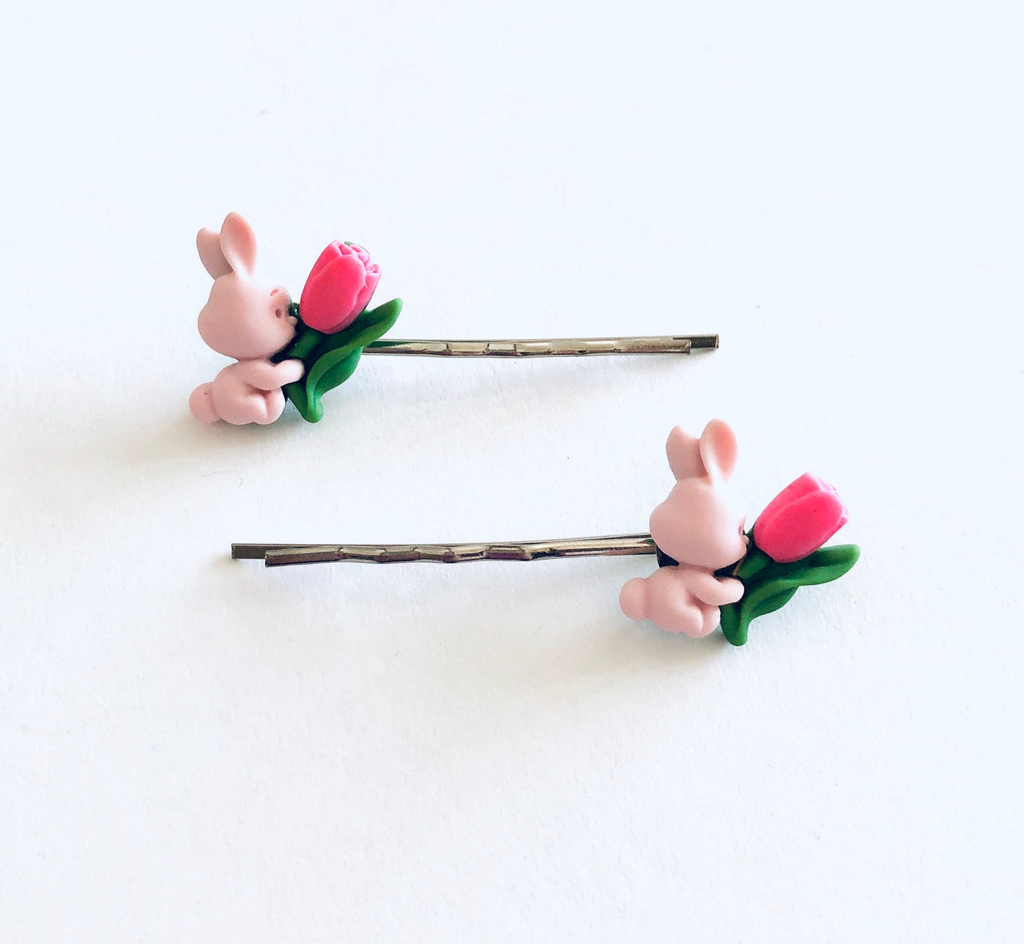 Pink Bunny Rabbit Bobby Pins, Easter Rabbits Hair Clips, with Spring Tulip Flower, Kawaii Little Girls Tweens & Women