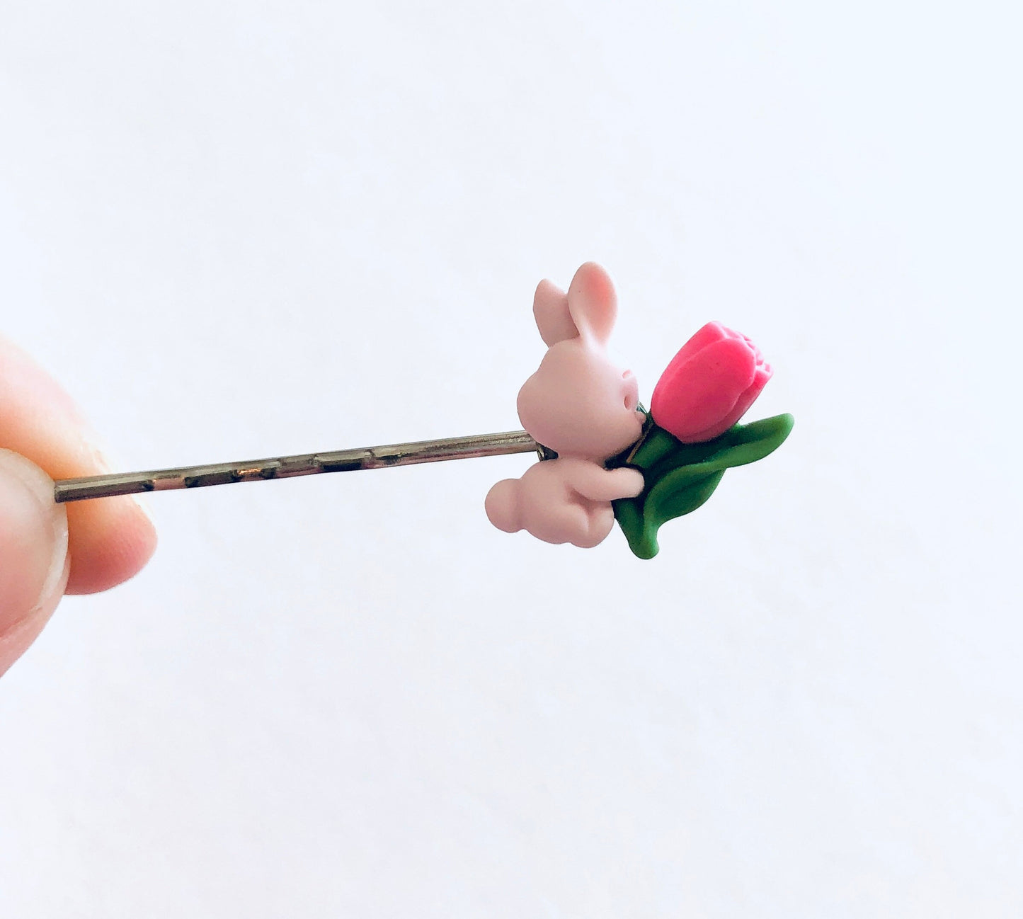 Pink Bunny Rabbit Bobby Pins, Easter Rabbits Hair Clips, with Spring Tulip Flower, Kawaii Little Girls Tweens & Women