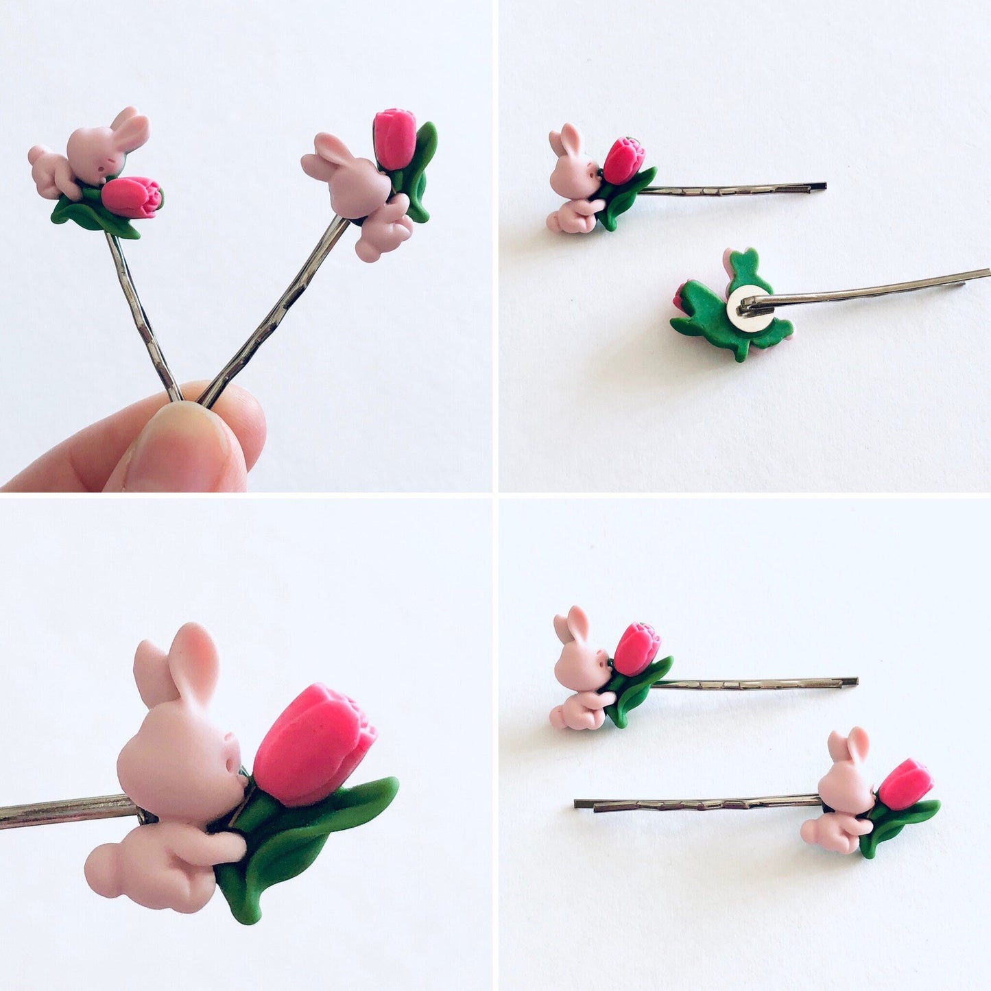 Pink Bunny Rabbit Bobby Pins, Easter Rabbits Hair Clips, with Spring Tulip Flower, Kawaii Little Girls Tweens & Women