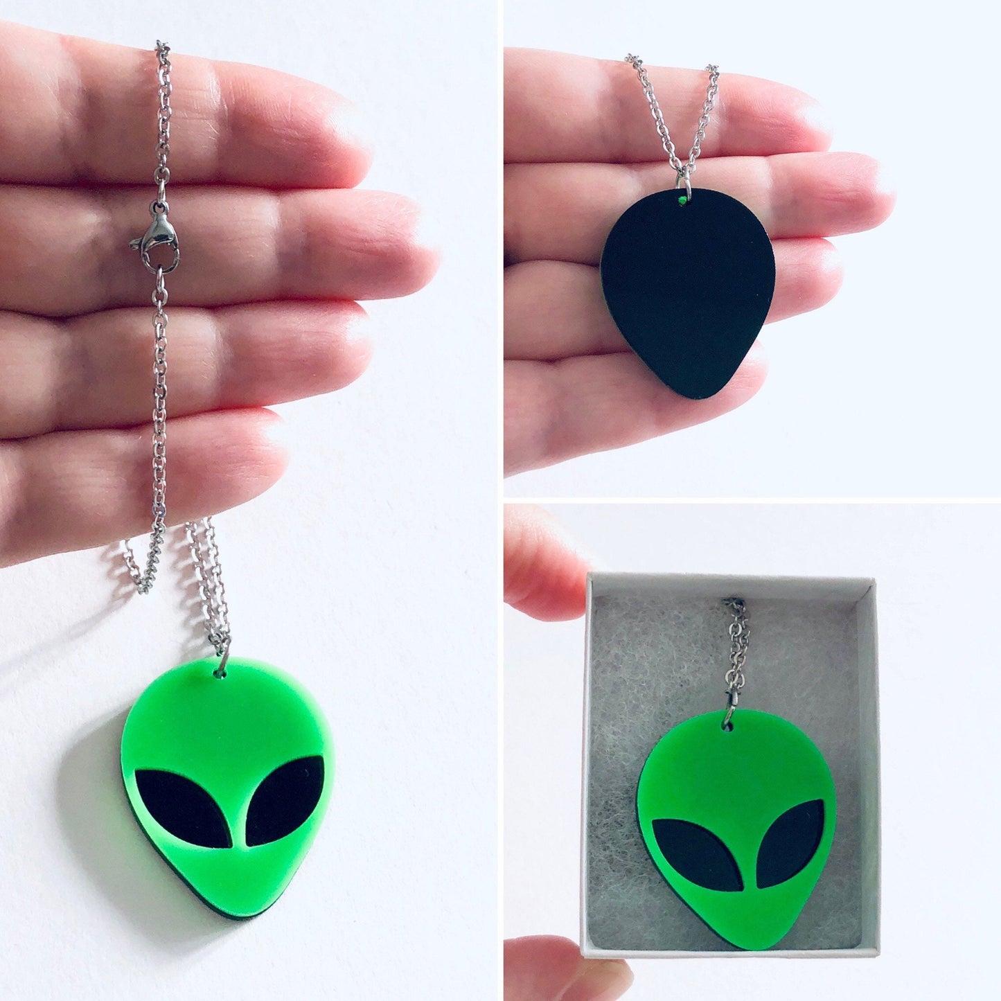 Green Alien Necklace, Retro Space Aliens Necklace, Y2K Kidcore Aesthetic