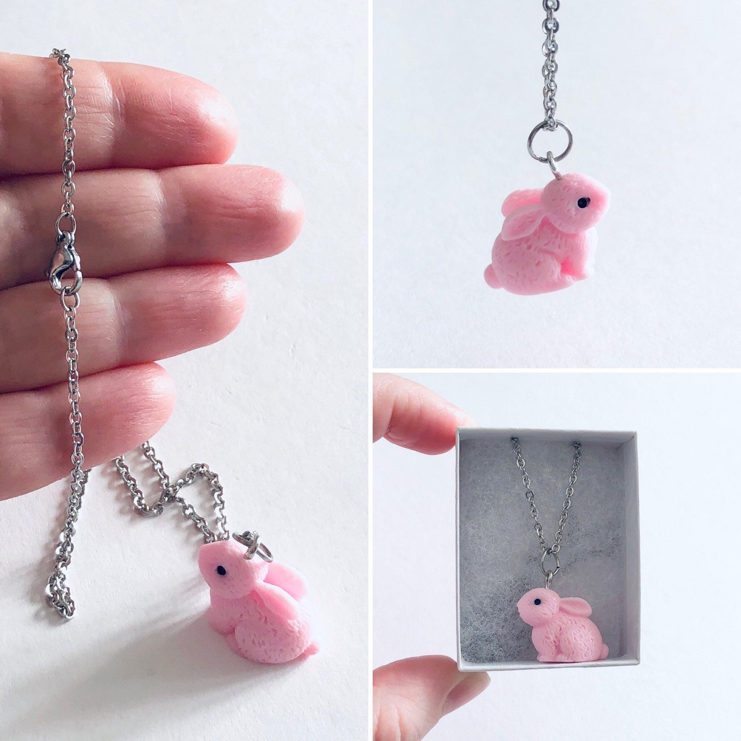 Pink Bunny Rabbit Necklace, Easter Bunny Necklace, Adorable Bunnies Jewelry Kawaii