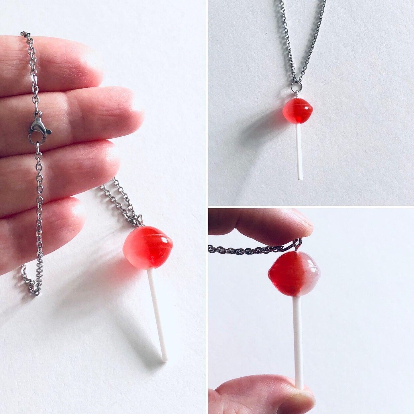 Swirl Lollipop Necklace, Red & White Swirl Sweet Treats Lollipop Necklace, Kawaii kidcore Aesthetic Lolita Sweets