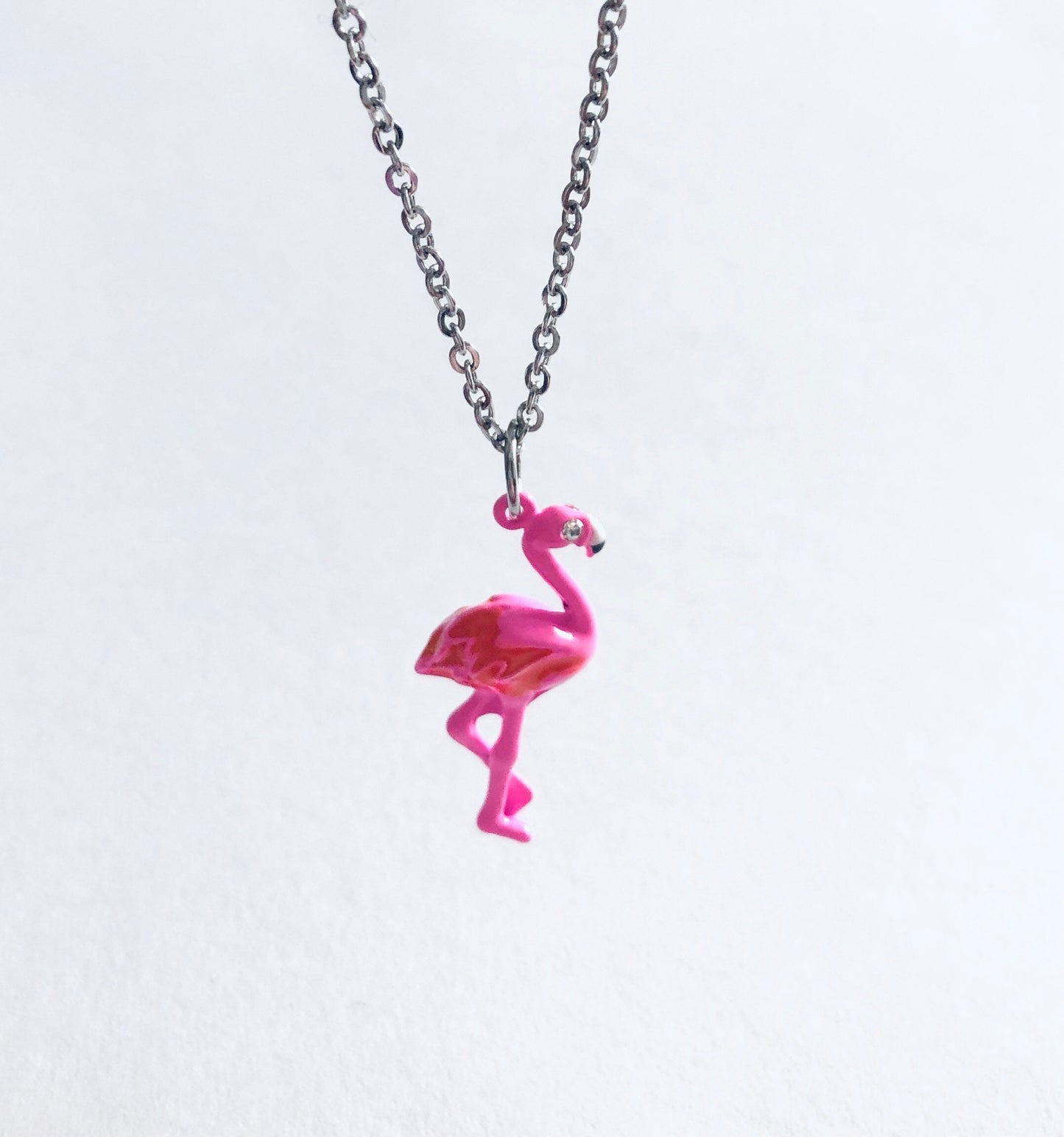 Pink Flamingo Necklace with Diamond Eye, Bird Necklace, Kitschy Kawaii Jewelry