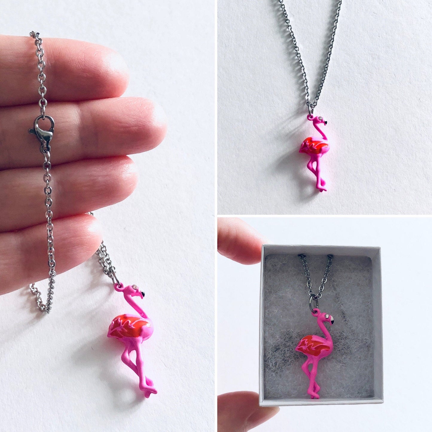 Pink Flamingo Necklace with Diamond Eye, Bird Necklace, Kitschy Kawaii Jewelry