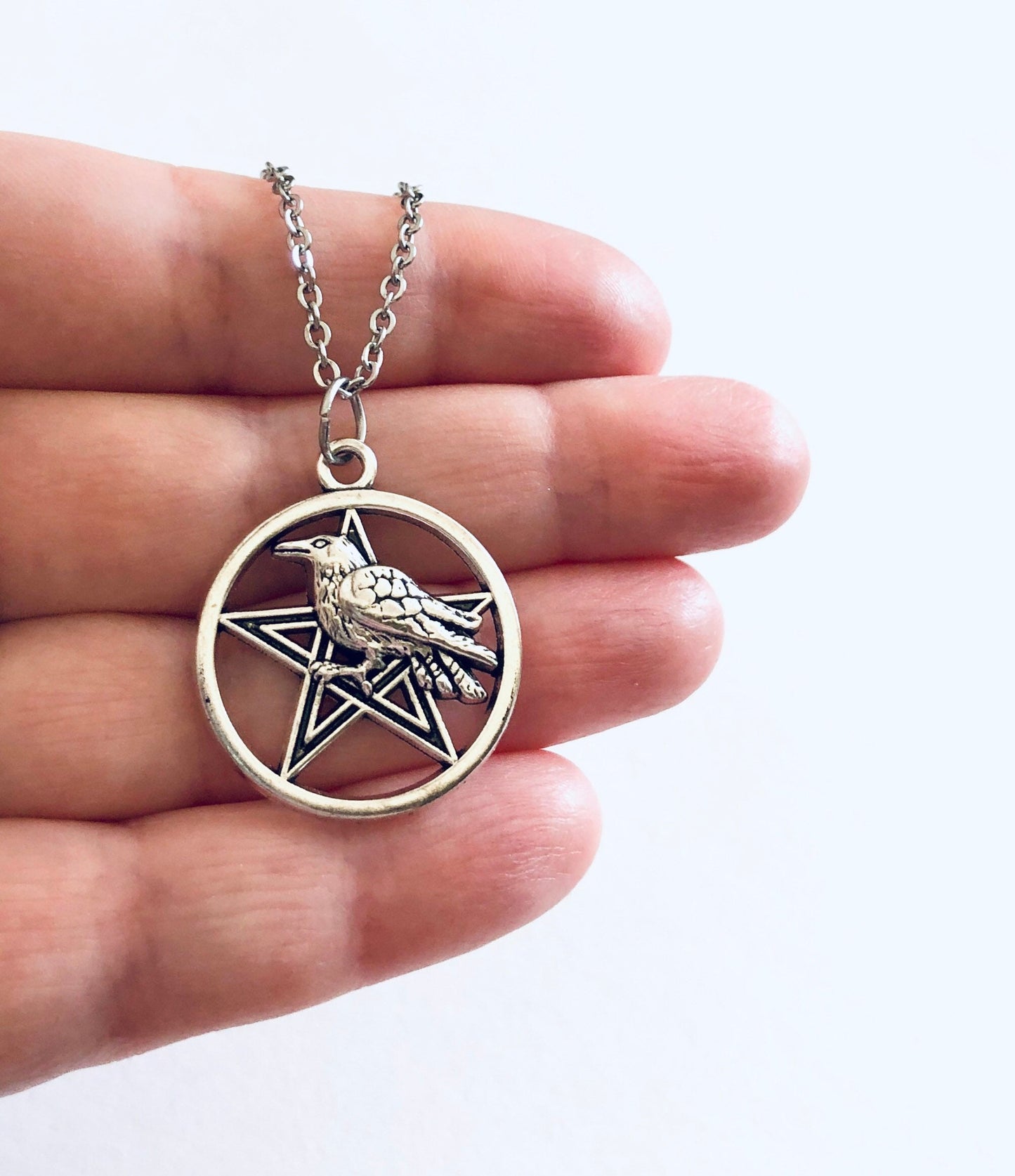 Crow Pentagram Necklace, Silver Star with Halloween Crow Bird, Witchy Woman, Wiccan Necklace, Witch Wiccan