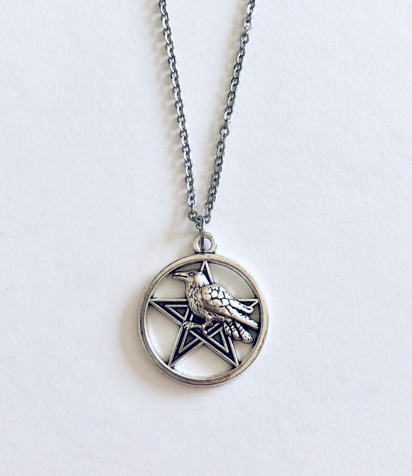 Crow Pentagram Necklace, Silver Star with Halloween Crow Bird, Witchy Woman, Wiccan Necklace, Witch Wiccan