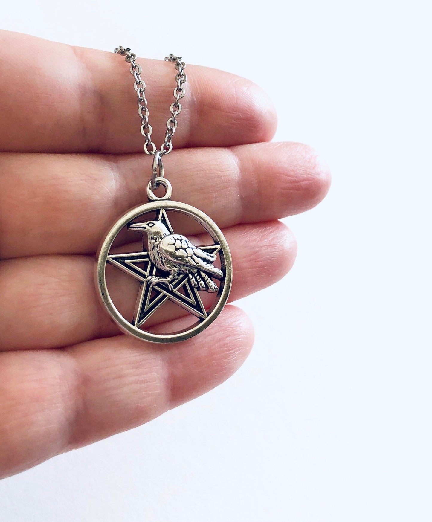 Crow Pentagram Necklace, Silver Star with Halloween Crow Bird, Witchy Woman, Wiccan Necklace, Witch Wiccan