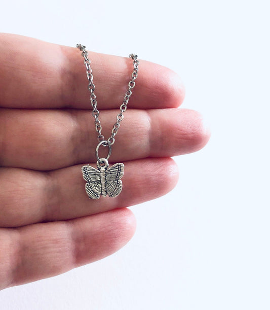 Mini Butterfly Necklace, on Dainty Stainless Steel Chain, Cottagecore Aesthetic, Cottage Fairy core