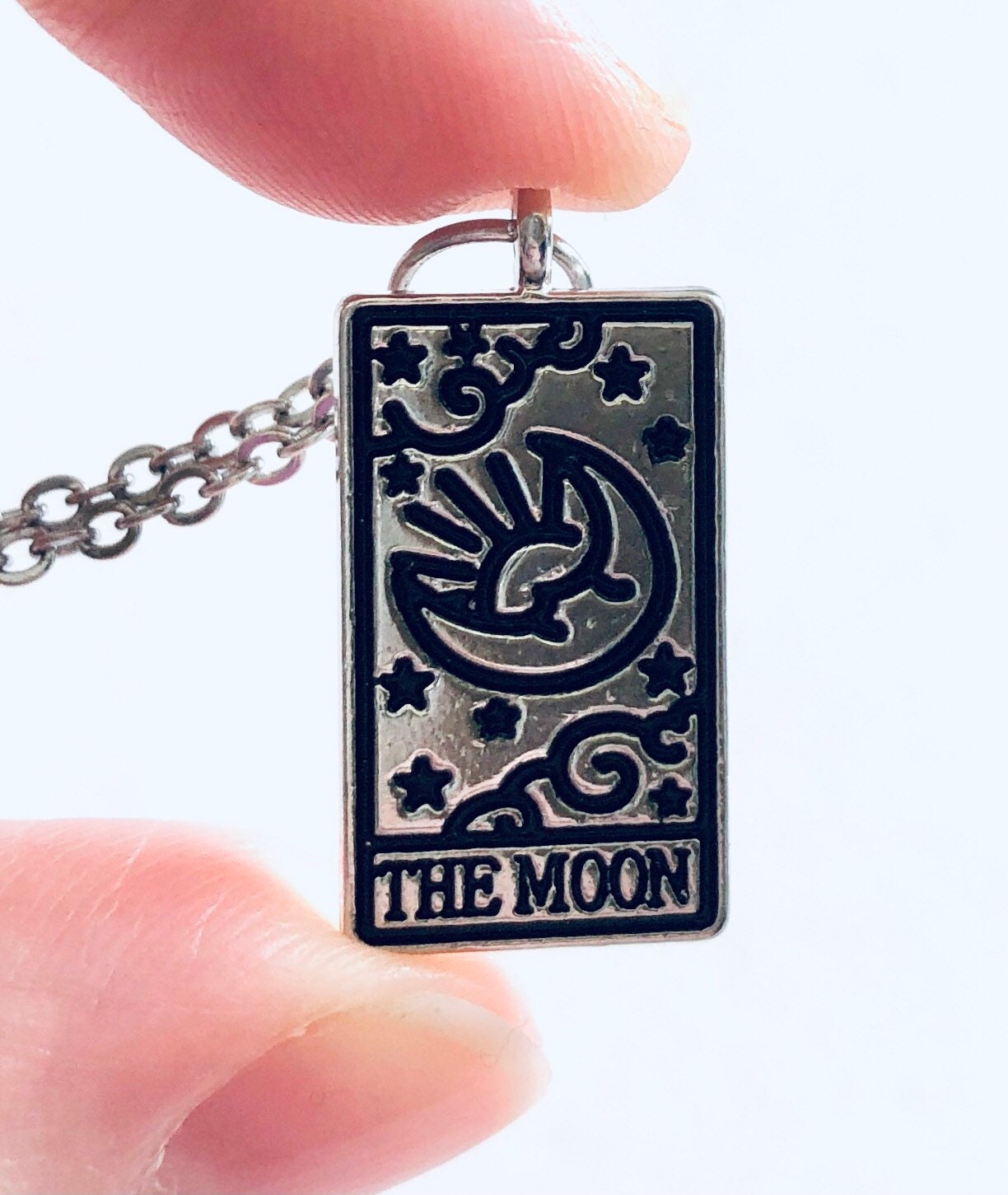 The Moon Tarot Card Necklace, Silver Stainless Steel Chain, Wicca Witchy Woman Divination Occult Esoteric