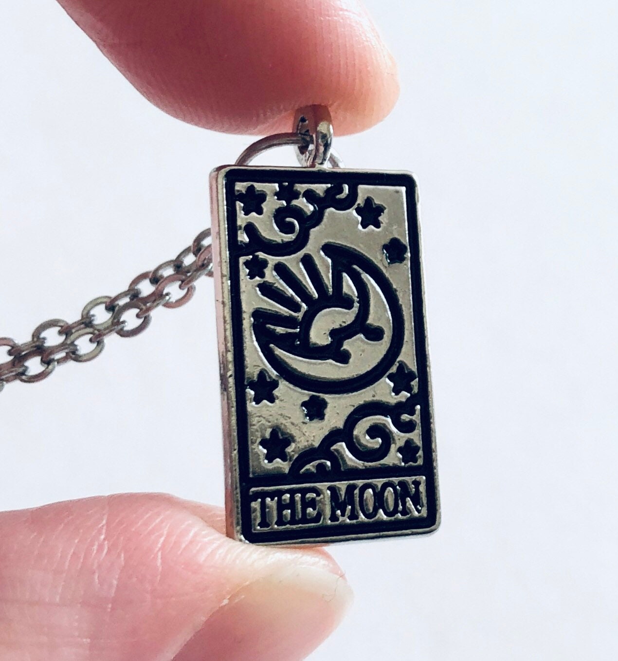 The Moon Tarot Card Necklace, Silver Stainless Steel Chain, Wicca Witchy Woman Divination Occult Esoteric