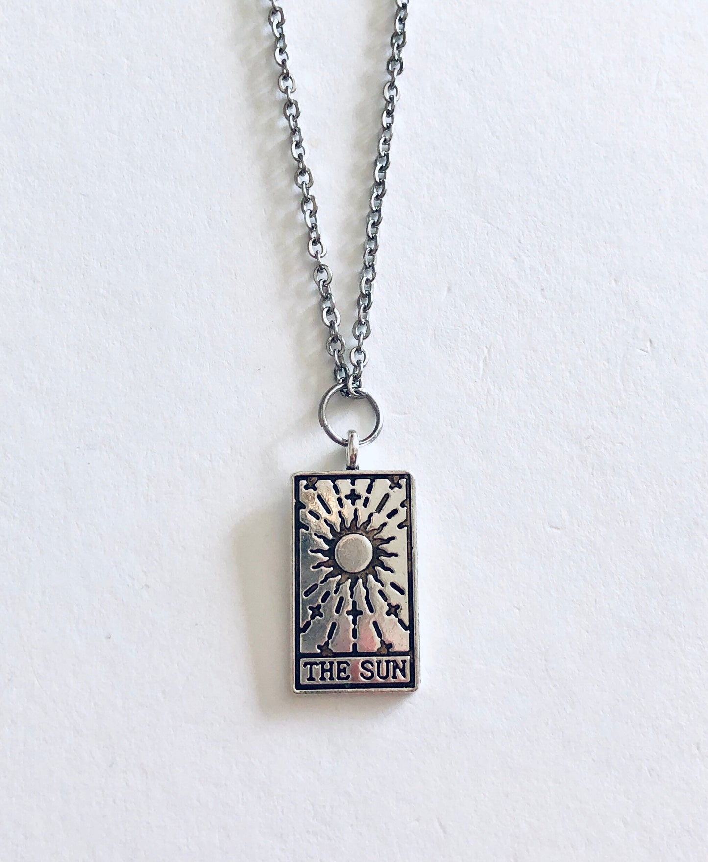 The Sun Tarot Card Necklace, Silver Stainless Steel Chain, Divination Wiccan Witchy Woman, Mall Goth Gothic Esoteric