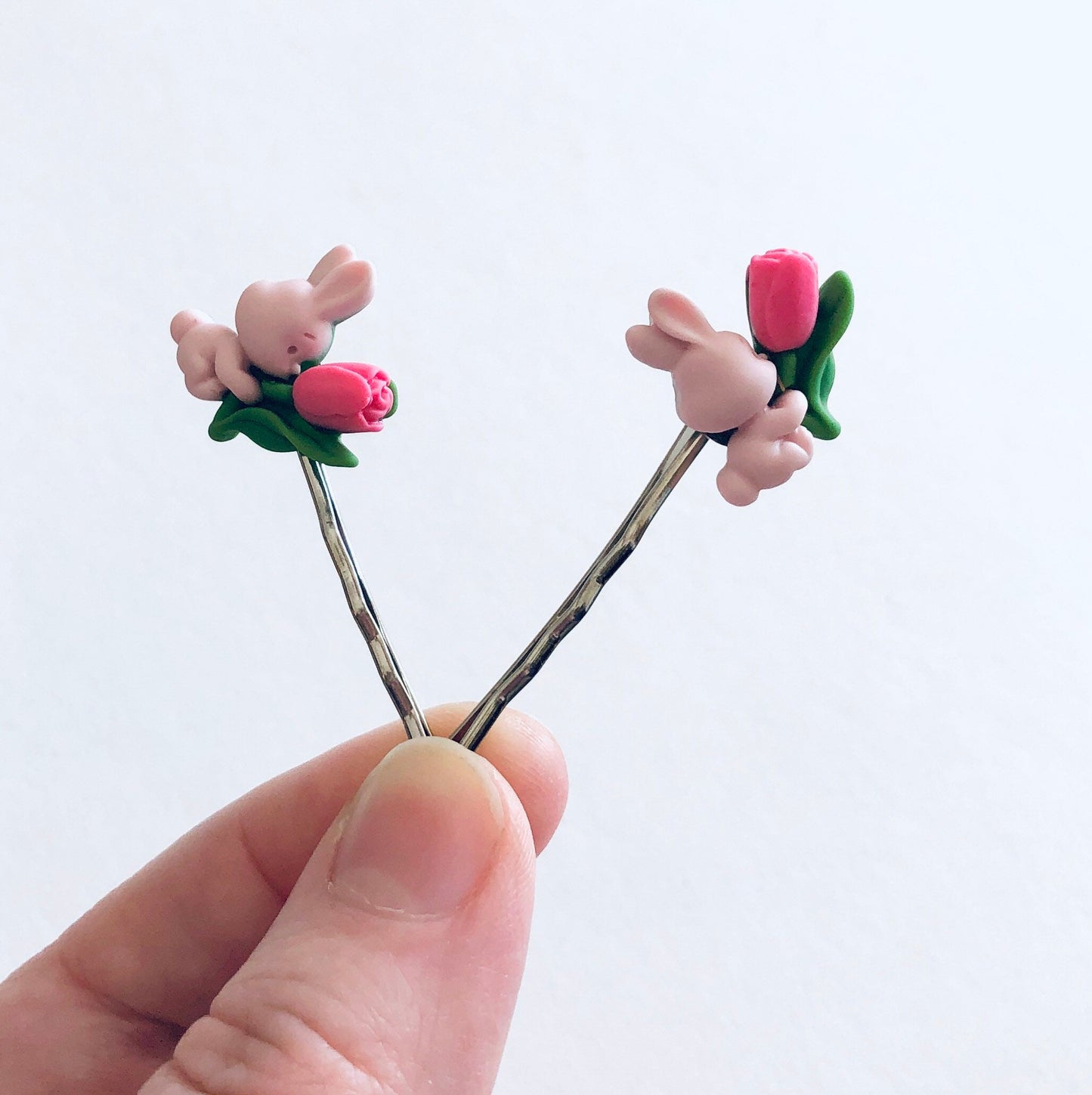 Pink Bunny Rabbit Bobby Pins, Easter Rabbits Hair Clips, with Spring Tulip Flower, Kawaii Little Girls Tweens & Women