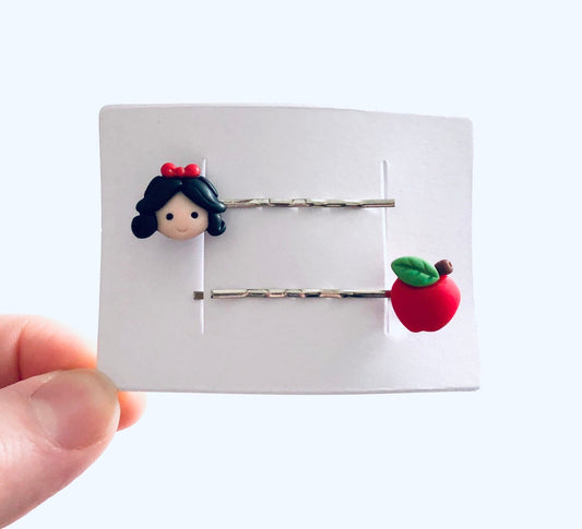 Snow White Hair Clips, Retro Snow Princess & Apple Bobby Pins, Hair Clips, For Little Girls and Women, Kawaii Cute, Forest Cottage Core Aesthetic