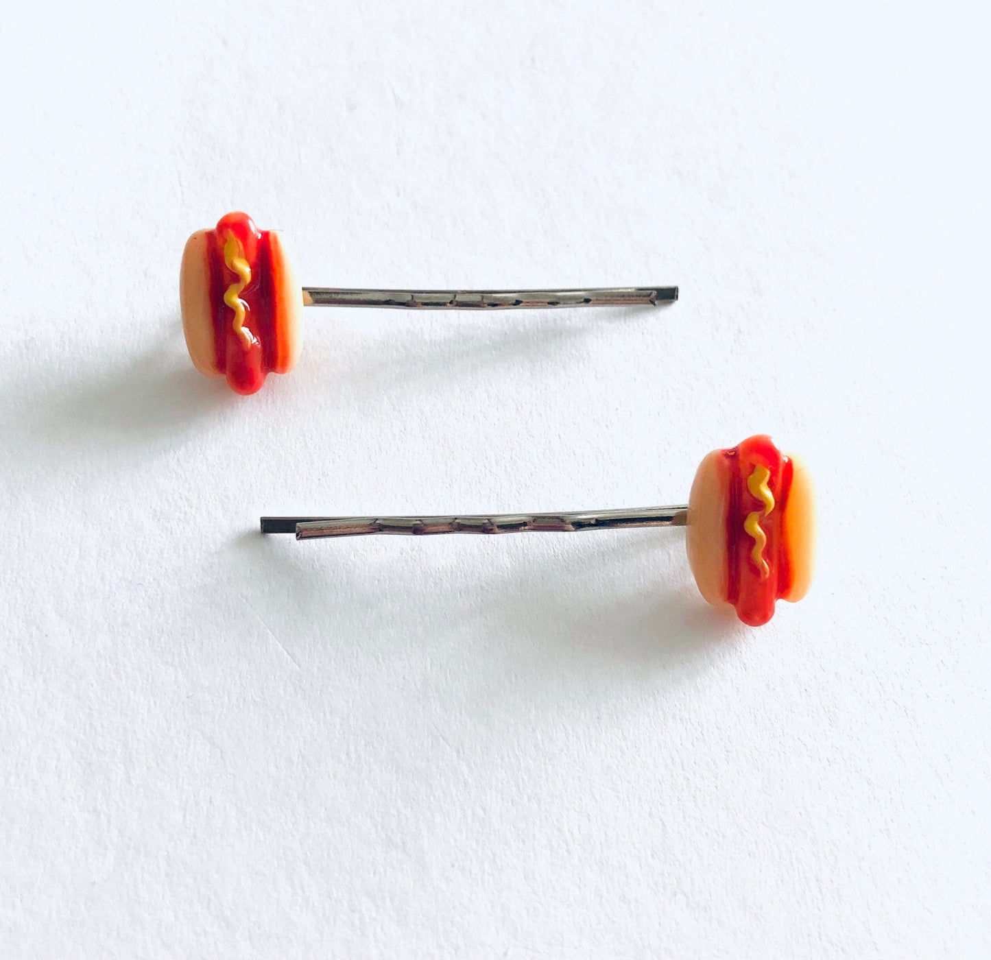 Hot Dogs Bobby Pins, Miniature Food Hair Clips, Kawaii Hair Accessories Hot Dog in Bun with Mustard