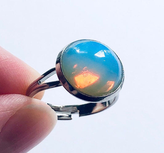 Opal Ring, Polished Natural Crystal Ring, on Silver Adjustable Band, Boho Yoga Bohemian