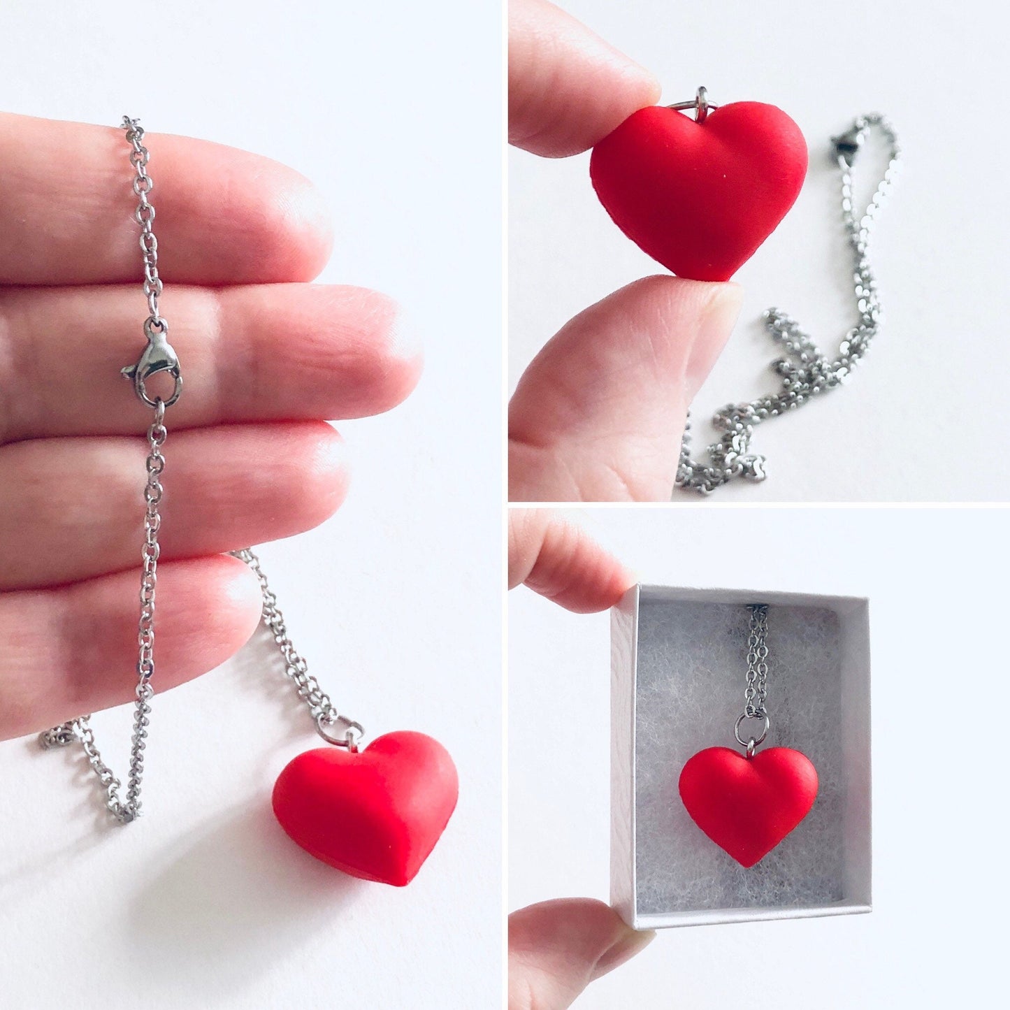 Red Heart Necklace, 3D Love Heart on Stainless Steel Chain, Y2K Lovecore Aesthetic 90’s Style