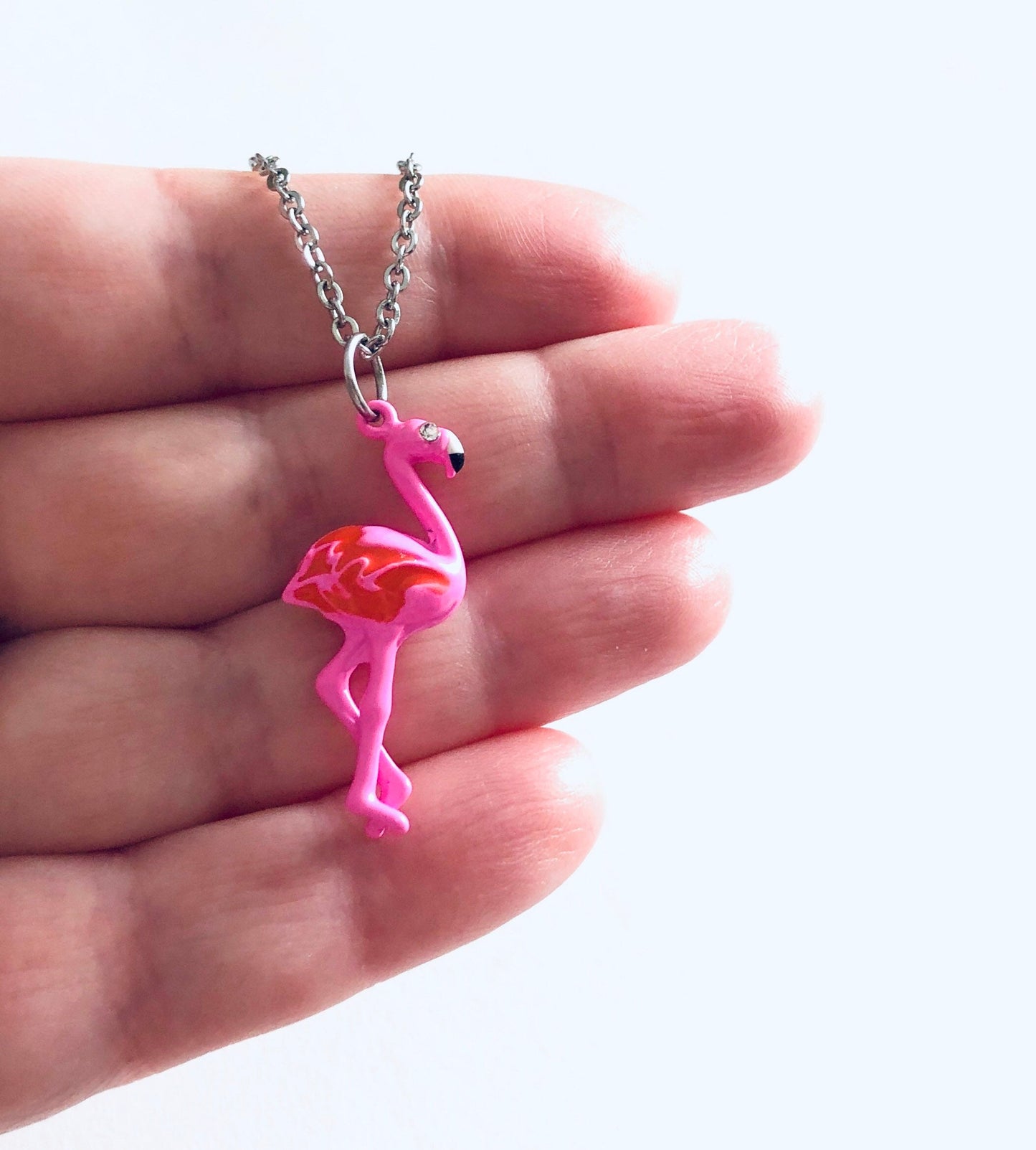 Pink Flamingo Necklace with Diamond Eye, Bird Necklace, Kitschy Kawaii Jewelry