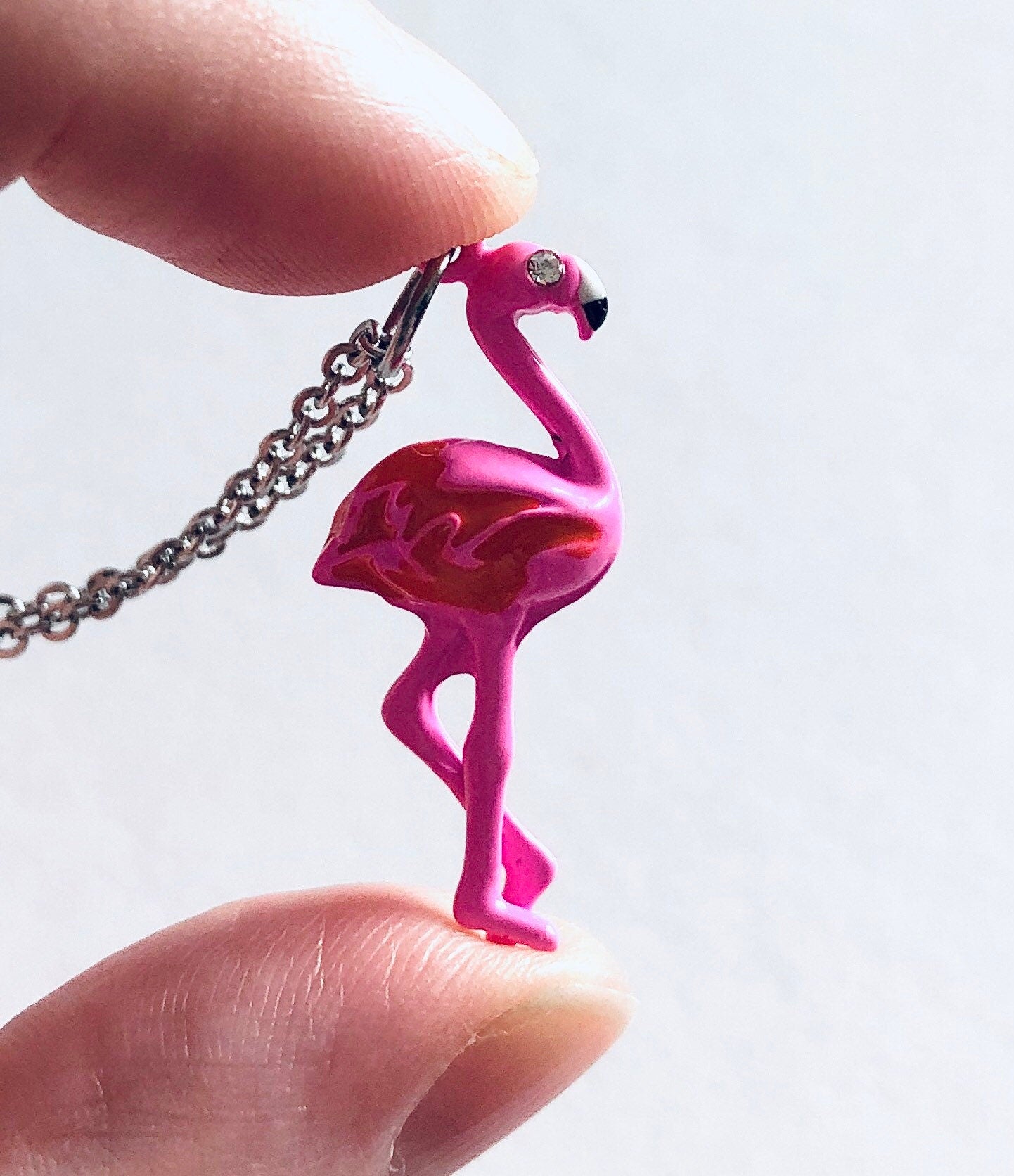 Pink Flamingo Necklace with Diamond Eye, Bird Necklace, Kitschy Kawaii Jewelry