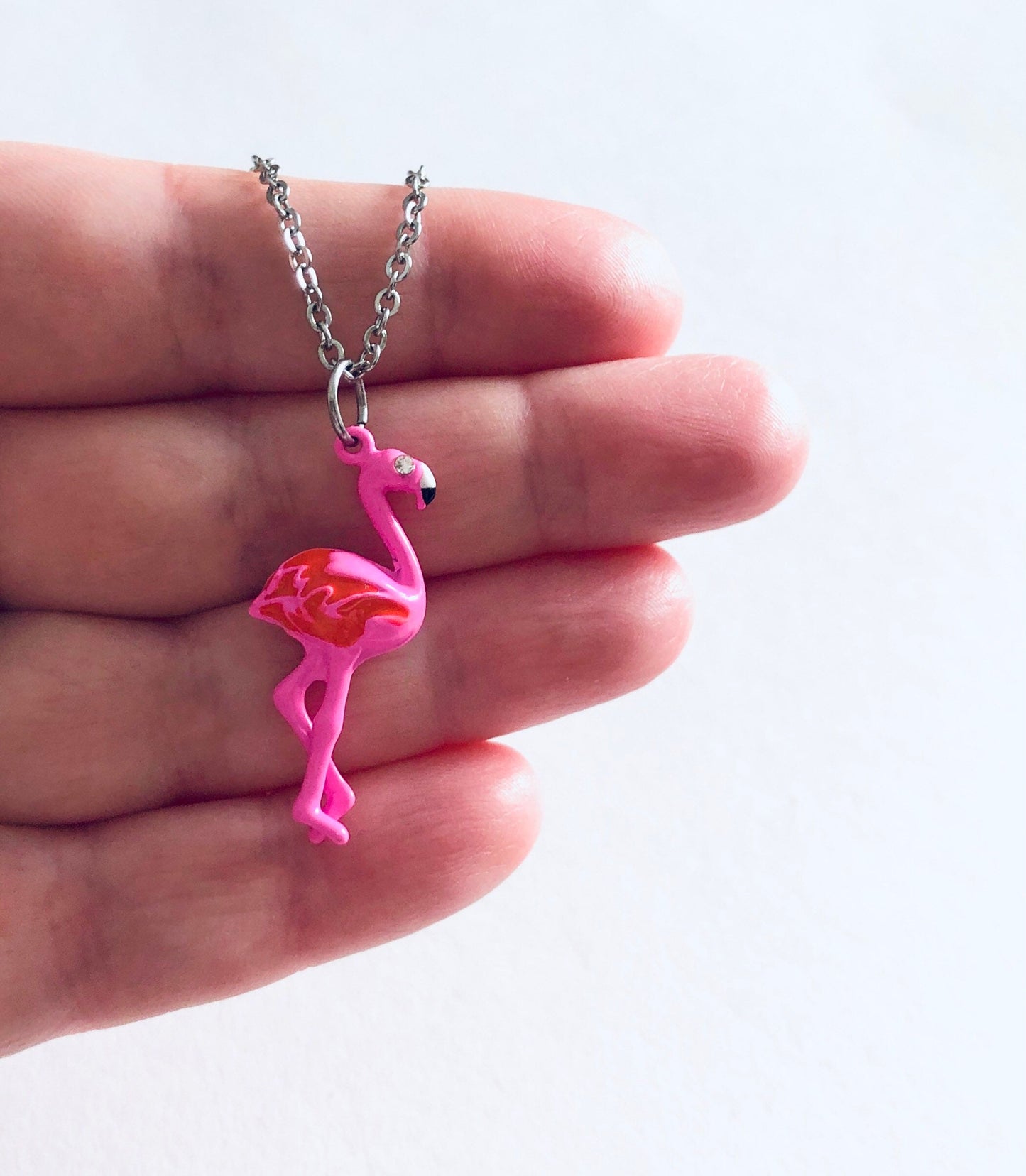 Pink Flamingo Necklace with Diamond Eye, Bird Necklace, Kitschy Kawaii Jewelry