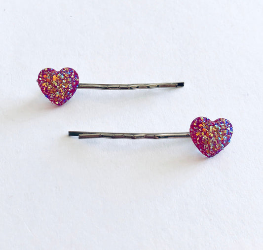 High Sparkle Druzy Pink Heart Bobby Pins, Love Hearts Hair Clips, Mall Goth Babe, Mothers Day Gift