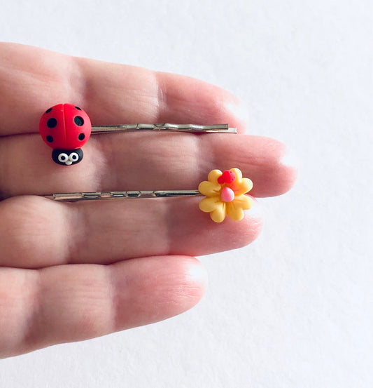 Ladybug Hair Clips, Ladybug Bobby Pins, Cute Hair Clips, Spring Hair Clips, Cottage Ladybug & Flower Hair Accessories Cottagecore Aesthetic