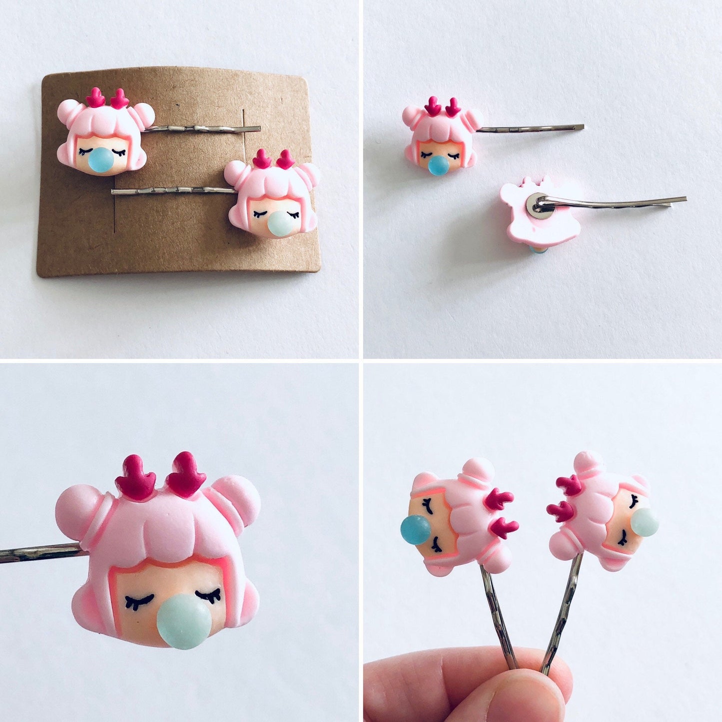 Pink Haired Girl Blowing Bubbles Hair Clips, Girl Bobby Pins, Pastel Kawaii Hair Clips, Lolita Cute Hair Clips