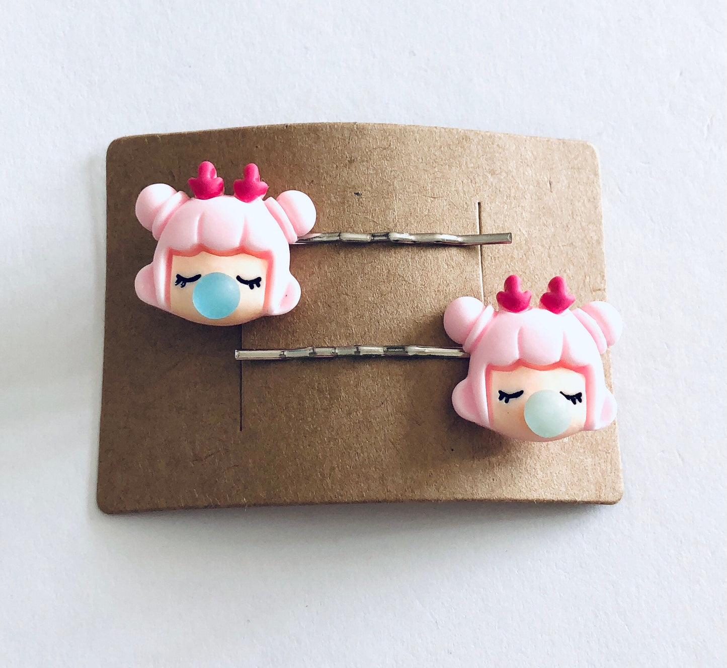 Pink Haired Girl Blowing Bubbles Hair Clips, Girl Bobby Pins, Pastel Kawaii Hair Clips, Lolita Cute Hair Clips