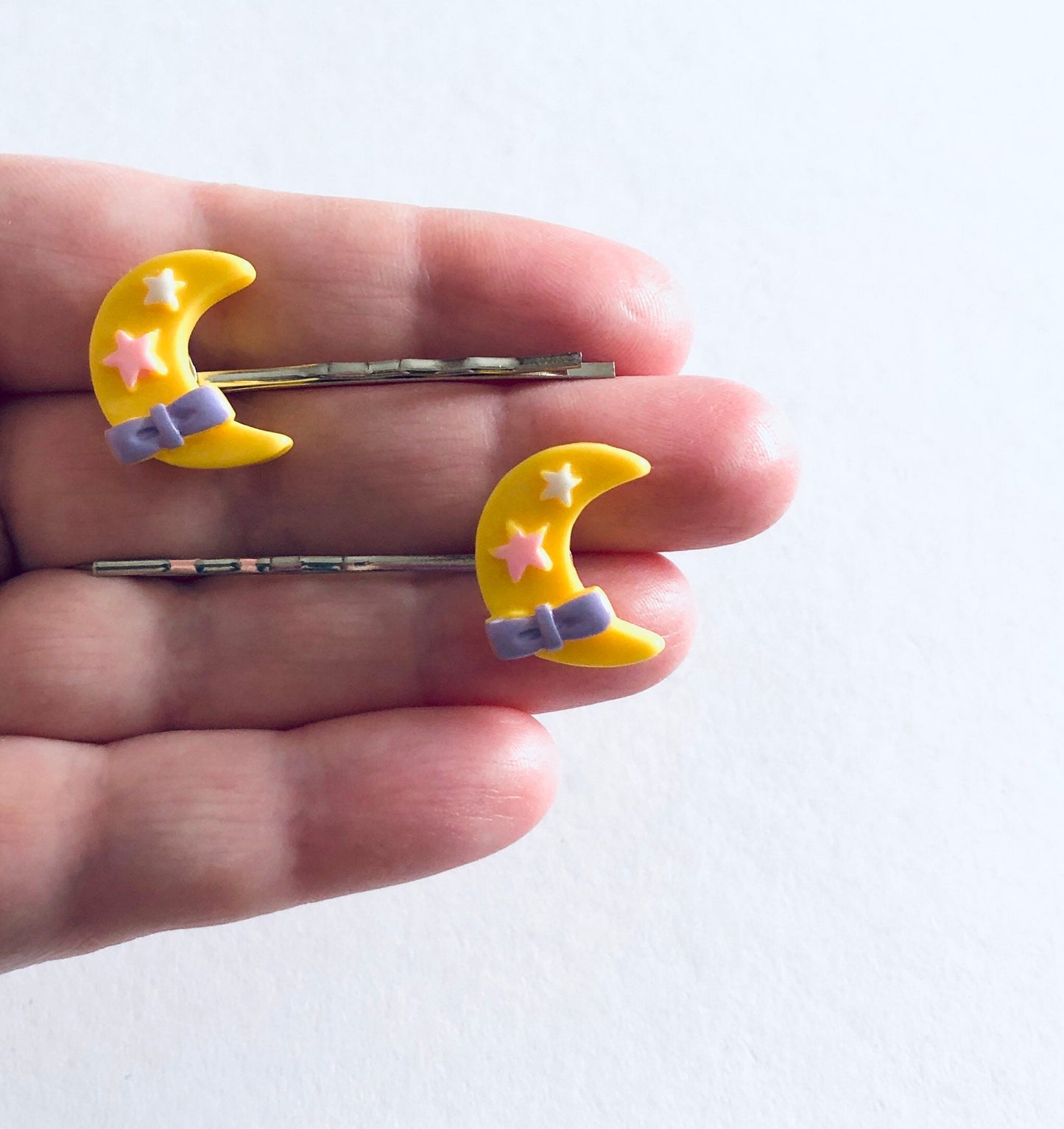 Pastel Yellow Moon Bobby Pins, Crescent Moon Hair Clips, Kawaii Hair Clips, Lolita Hair Accessories, Witchy Woman, Cute Hair Clips