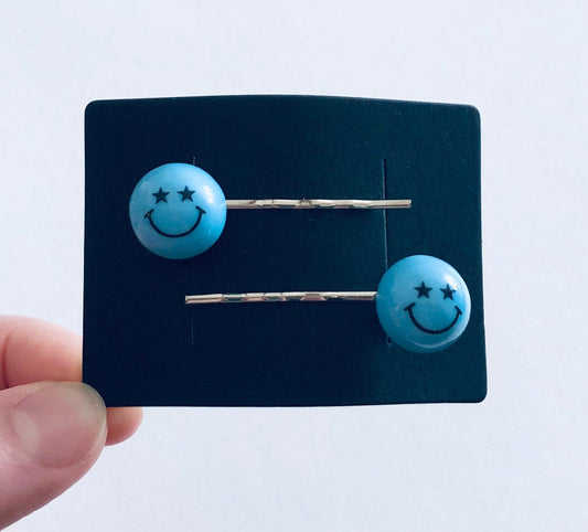 Blue Smiley Face Bobby Pins, With Star Eyes, Smiley Face Hair Clips, For Women Teens & Tweens